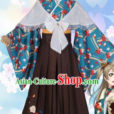 Asian Japanese Traditional Green Furisode Kimono Cosplay Costumes Ancient Geisha Yukata Clothing for Women
