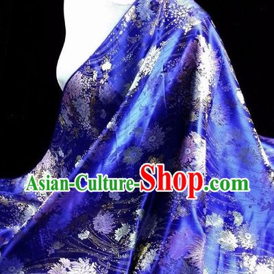 Asian Chinese Traditional Tang Suit Fabric Royalblue Brocade Silk Material Classical Chrysanthemum Pattern Design Drapery