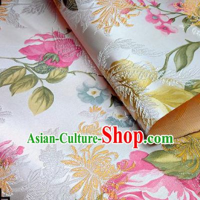 Asian Chinese Traditional Tang Suit Fabric White Brocade Silk Material Classical Peony Chrysanthemum Pattern Design Drapery