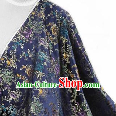 Asian Chinese Traditional Tang Suit Fabric Navy Brocade Silk Material Classical Peony Pattern Design Drapery
