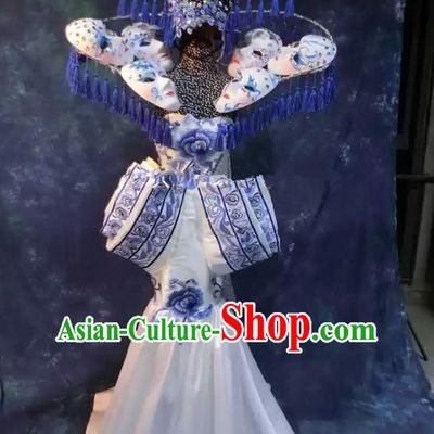 Top Grade Stage Performance Costumes Chinese Style Qipao Dress and Deluxe Headdress for Women