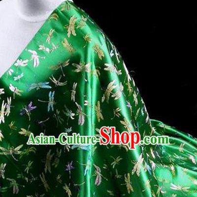 Asian Chinese Traditional Tang Suit Fabric Deep Green Brocade Silk Material Classical Dragonfly Pattern Design Drapery
