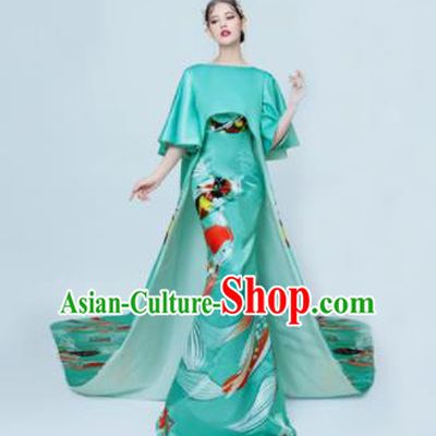 Chinese Classical Catwalks Costumes Traditional Green Trailing Full Dress for Women