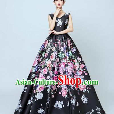 Top Performance Catwalks Costumes Wedding Printing Black Full Dress for Women