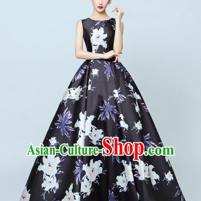 Top Performance Catwalks Costumes Wedding Printing Flowers Black Full Dress for Women