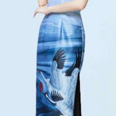 Chinese Classical Catwalks Costumes Traditional Printing Cranes Cheongsam Full Dress for Women