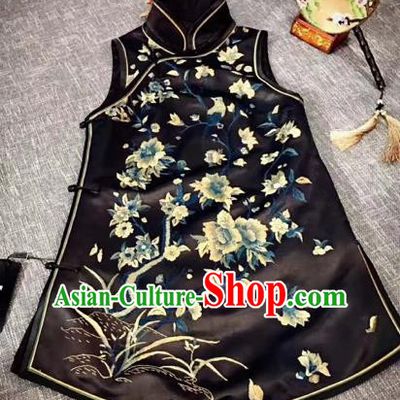 Chinese Traditional Qing Dynasty Costumes Ancient Princess Embroidered Black Silk Vests for Women