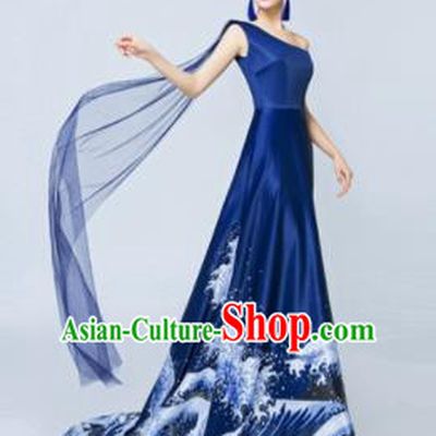 Top Performance Catwalks Costumes Wedding Single Shoulder Navy Full Dress for Women