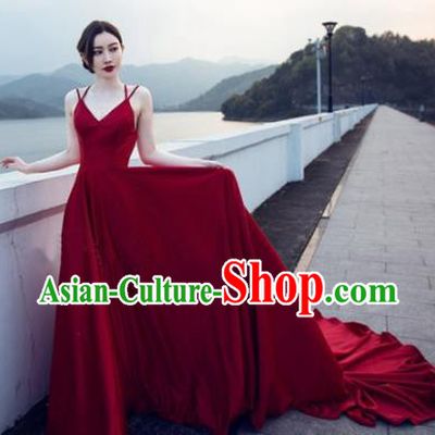 Top Performance Catwalks Costumes Wedding Wine Red Full Dress for Women