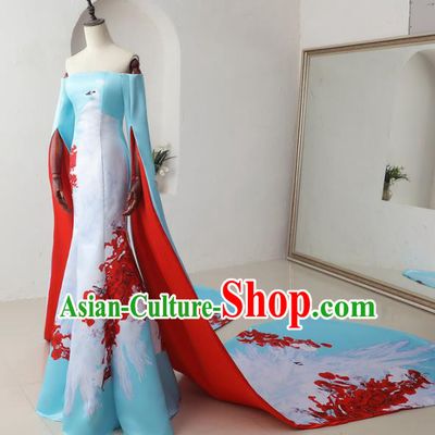 Chinese Classical Catwalks Costumes Traditional Printing Crane Cheongsam Trailing Full Dress for Women