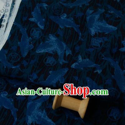 Asian Japanese Traditional Kimono Fabric Brocade Silk Material Classical Blue Fishes Pattern Design Drapery