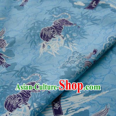 Asian Japanese Traditional Kimono Fabric Blue Brocade Silk Material Classical Lions Pattern Design Drapery