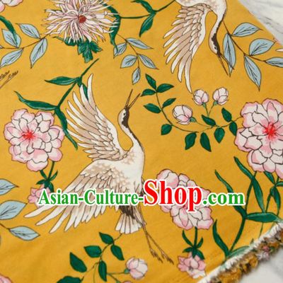 Asian Japanese Traditional Kimono Yellow Brocade Fabric Silk Material Classical Cranes Pattern Design Drapery