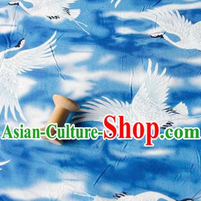 Asian Japanese Traditional Kimono Blue Brocade Fabric Silk Material Classical Cranes Pattern Design Drapery