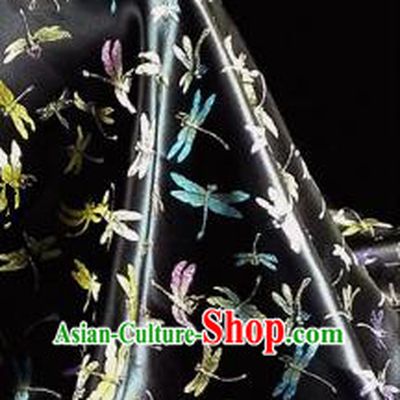 Asian Chinese Traditional Tang Suit Fabric Black Brocade Silk Material Classical Dragonfly Pattern Design Drapery