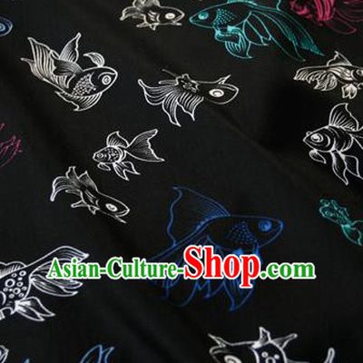Asian Japanese Traditional Kimono Black Brocade Fabric Silk Material Classical Goldfishes Pattern Design Drapery