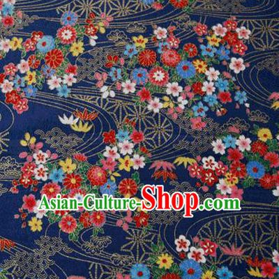 Asian Japanese Traditional Kimono Navy Brocade Fabric Silk Material Classical Flowers Pattern Design Drapery