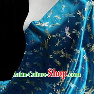 Asian Chinese Traditional Tang Suit Fabric Blue Brocade Silk Material Classical Dragonfly Pattern Design Drapery