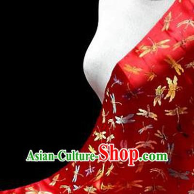 Asian Chinese Traditional Tang Suit Fabric Red Brocade Silk Material Classical Dragonfly Pattern Design Drapery