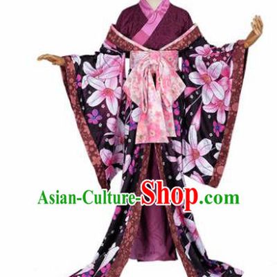 Japanese Traditional Courtesan Purple Furisode Kimono Costumes Ancient Cosplay Geisha Yukata Clothing for Women