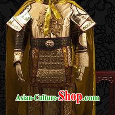 Chinese Traditional Qin Dynasty General Costumes Ancient Warrior Golden Helmet and Body Armour for Men