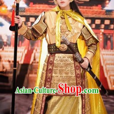 Chinese Traditional Tang Dynasty Female General Costumes Ancient Warrior Golden Helmet and Body Armour for Women