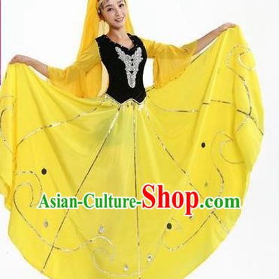 Chinese Traditional Uyghur Nationality Dance Costumes Uigurian Folk Dance Yellow Dress for Women