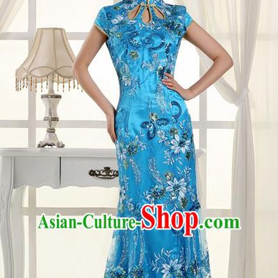 Chinese Traditional Costumes Tang Suit Cheongsam Blue Qipao Dress for Women
