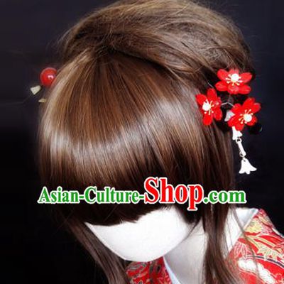 Japanese Traditional Courtesan Red Flowers Hairpins Ancient Geisha Kimono Hair Accessories for Women