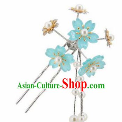 Japanese Traditional Kimono Hair Accessories Ancient Yukata Light Blue Cherry Blossom Tassel Hairpins for Women