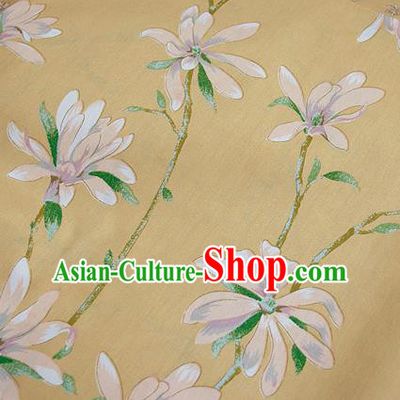 Asian Japanese Traditional Kimono Yellow Fabric Material Classical Orchid Pattern Design Drapery