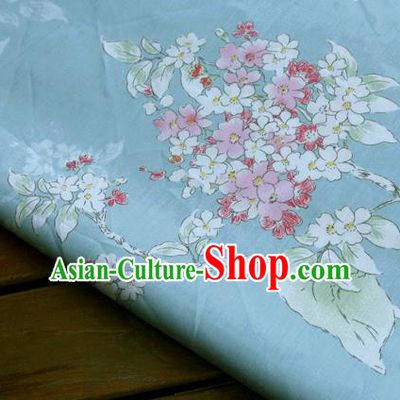 Asian Japanese Traditional Kimono Blue Fabric Material Classical Flowers Pattern Design Drapery