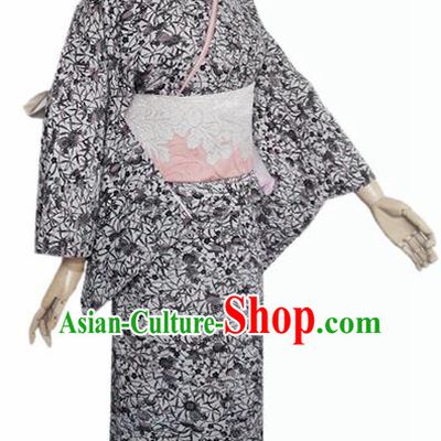 Japanese Traditional Courtesan Furisode Kimono Costumes Ancient Cosplay Grey Yukata Clothing for Women