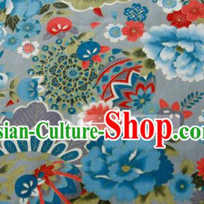 Asian Japanese Traditional Kimono Blue Brocade Fabric Silk Material Classical Peony Pattern Design Drapery
