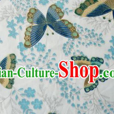 Asian Japanese Traditional Kimono Brocade Fabric Silk Material Classical Blue Butterfly Pattern Design Drapery