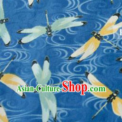 Asian Japanese Traditional Kimono Blue Brocade Fabric Silk Material Classical Dragonfly Pattern Design Drapery