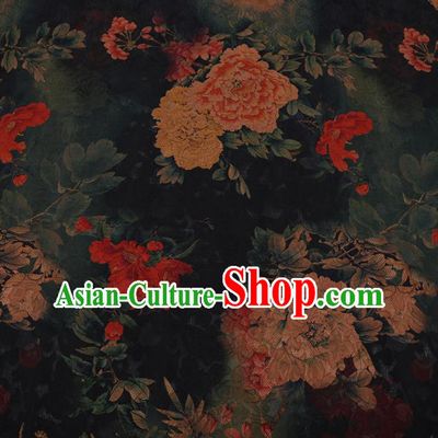 Chinese Traditional Cheongsam Black Crepe Satin Plain Palace Peony Pattern Silk Fabric Chinese Fabric Asian Material
