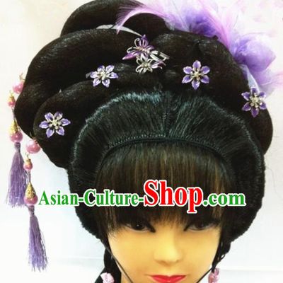 Chinese Traditional Beijing Opera Hair Accessories Ancient Princess Wig Sheath and Purple Feather Hairpins for Women