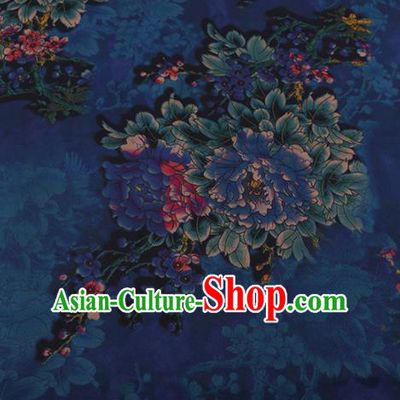 Chinese Traditional Blue Silk Fabric Palace Peony Pattern Cheongsam Jacquard Satin Plain Gambiered Guangdong Gauze