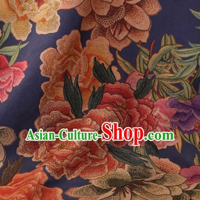 Chinese Traditional Drapery Blue Silk Fabric Palace Peony Flowers Pattern Cheongsam Satin Plain Gambiered Guangdong Gauze