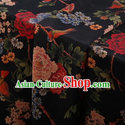 Chinese Classical Cheongsam Drapery Black Silk Fabric Traditional Peony Pattern Satin Plain Gambiered Guangdong Gauze