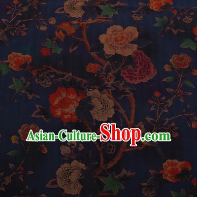 Chinese Traditional Cheongsam Drapery Navy Silk Fabric Palace Peony Pattern Satin Plain Gambiered Guangdong Gauze