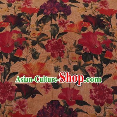 Chinese Classical Yellow Satin Plain Traditional Flowers Pattern Cheongsam Drapery Silk Fabric Gambiered Guangdong Gauze