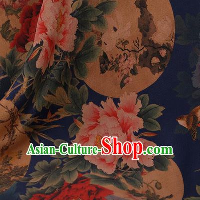 Chinese Traditional Cheongsam Drapery Blue Silk Fabric Palace Peony Pattern Satin Plain Gambiered Guangdong Gauze
