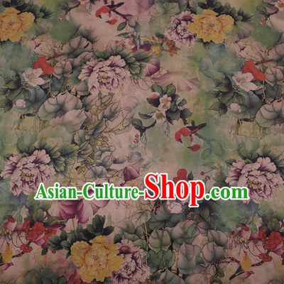 Chinese Classical Green Silk Fabric Traditional Peony Pattern Satin Plain Cheongsam Drapery Gambiered Guangdong Gauze
