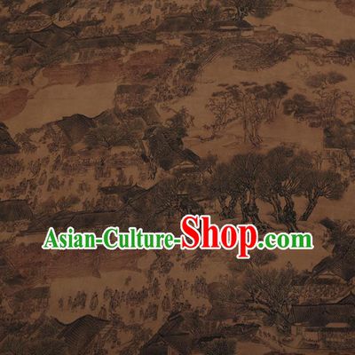 Chinese Classical Silk Fabric Traditional Riverside Scene at Qingming Festival Pattern Satin Plain Cheongsam Drapery Gambiered Guangdong Gauze