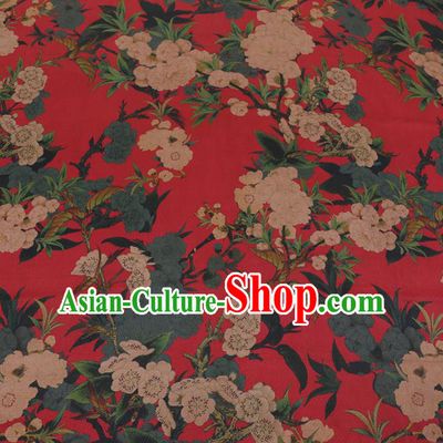 Chinese Traditional Silk Fabric Classical Crane Peach Blossom Pattern Red Satin Plain Cheongsam Drapery Gambiered Guangdong Gauze