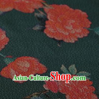 Asian Chinese Silk Fabric Traditional Classical Peony Pattern Deep Green Satin Plain Cheongsam Drapery Gambiered Guangdong Gauze