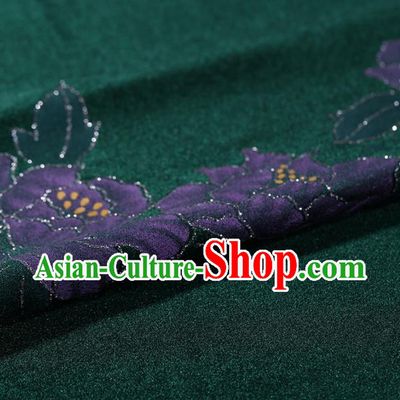 Asian Chinese Green Velvet Fabric Traditional Classical Peony Pattern Cheongsam Pleuche Drapery Gambiered Guangdong Gauze