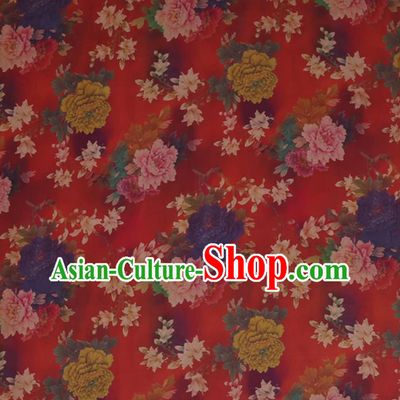 Traditional Chinese Red Gambiered Guangdong Gauze Satin Plain Classical Peony Pattern Cheongsam Silk Drapery
